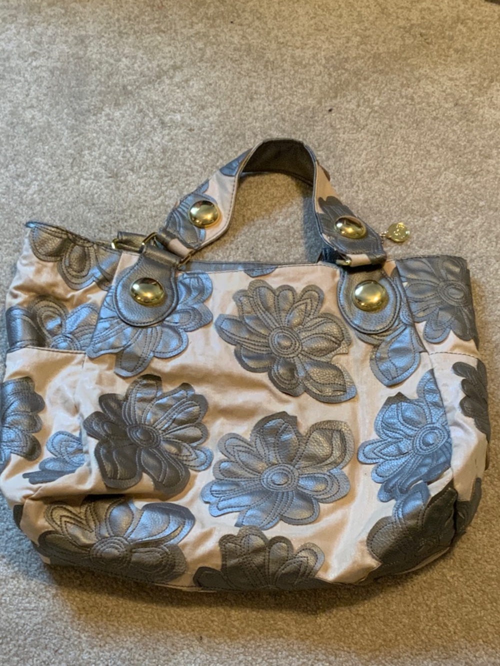 Big Buddha Beige Tote with Gray Floral Appliqué and Gold Accents